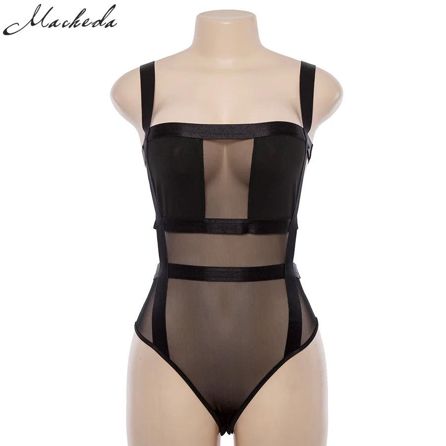 Macheda Женский сетчатый прозрачный боди комбинезон с разрезами на бретелях| |