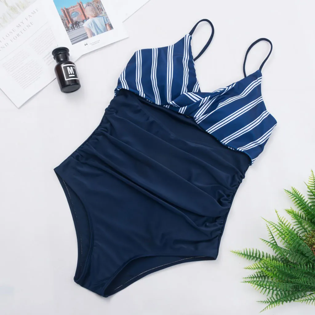 Takini размера плюс высокая талия RuffleSwimwear полосатый лоскутный v образный вырез