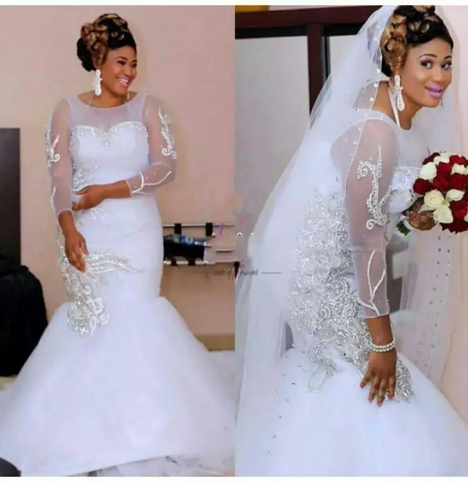 

Beaded Long Sleeve Mermaid African Wedding Dresses Lace Up Back Round Neck Tulle Bridal Gowns Custom Made