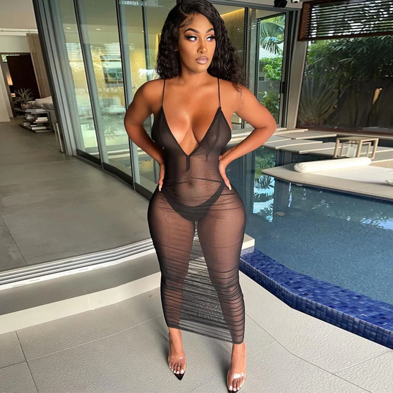 

Women's 2022 new sexy mesh see-through V-neck zipper dress women