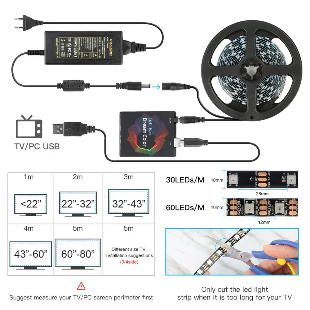 5V WS2812B USB LED Strip Light 5050 RGB Dream Color Ambient TV Kit For Desktop PC Screen Background Lighting 1M 2M 3M 4M 5M | Освещение