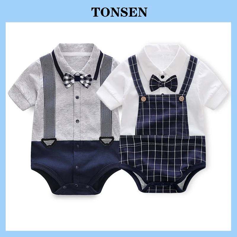 

TONSEN Newborn Baby Boy Clothes Summer Trunks Crawl Suit Cotton Short Sleeve Infant Romper Gentleman Bodysuit Onesie Overalls
