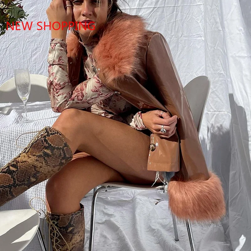 Goth PU Leather Jacket Fur Collar Y2k Women Winter Warm Faux Fur Coats Gothic Fashion Punk Street Cropped Coat Black Green Brown