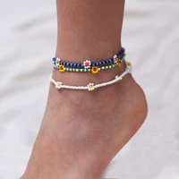new hip hop flower daidy bead anklet bracelet for women bohemian colorful handmade elastic strech ankle jewelry gift