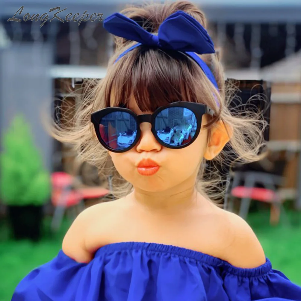 

LongKeeper Kids Round Mirrored Sunglasses Girls Lovely Cute Cat Eye Sun Glasses For Children UV400 Blue Red Lens Oculos