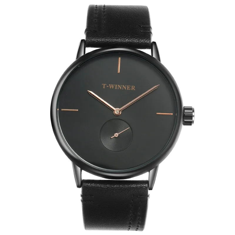 P rose gold allblack T-WINNER, мужские механические часы, победитель, Лидирующий бренд, ручная работа, нержавеющая сталь, кожаный ремешок, Forsining, простые мужские водонепроницаемые часы - Цвет: P rose gold allblack