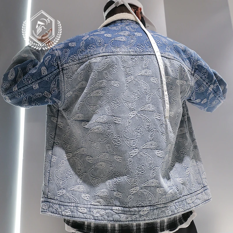 Golomise Men Fashion Loose Embroidery Fleece Heavyweight Denim Jacket Casual Pockets Hip Hop Parkas Coat | Мужская одежда
