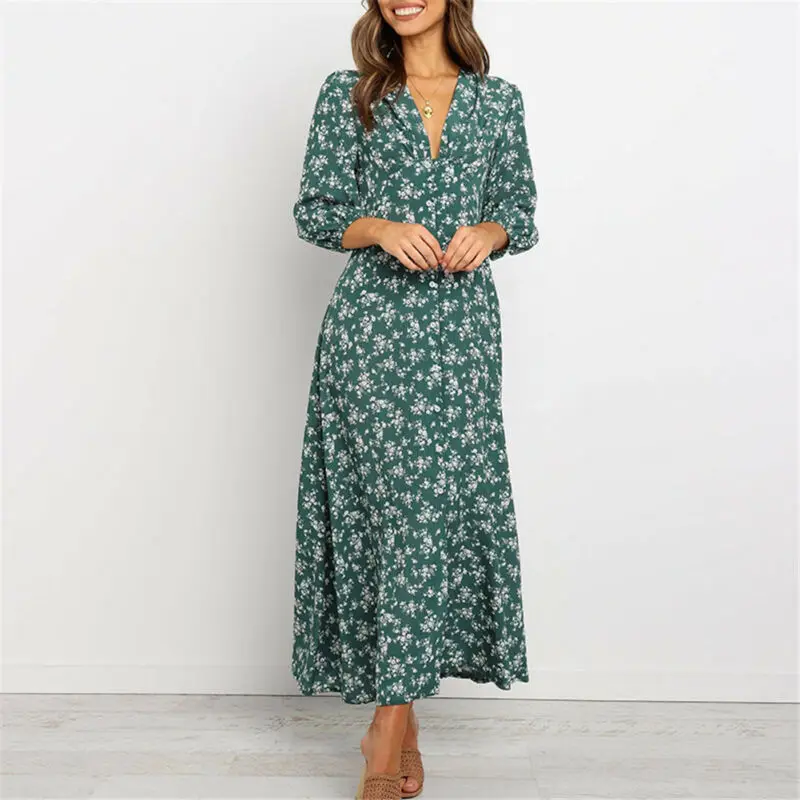 

Women's Boho Dress Floral Autumn Beach Cocktail Evening Party Long Sundress AU