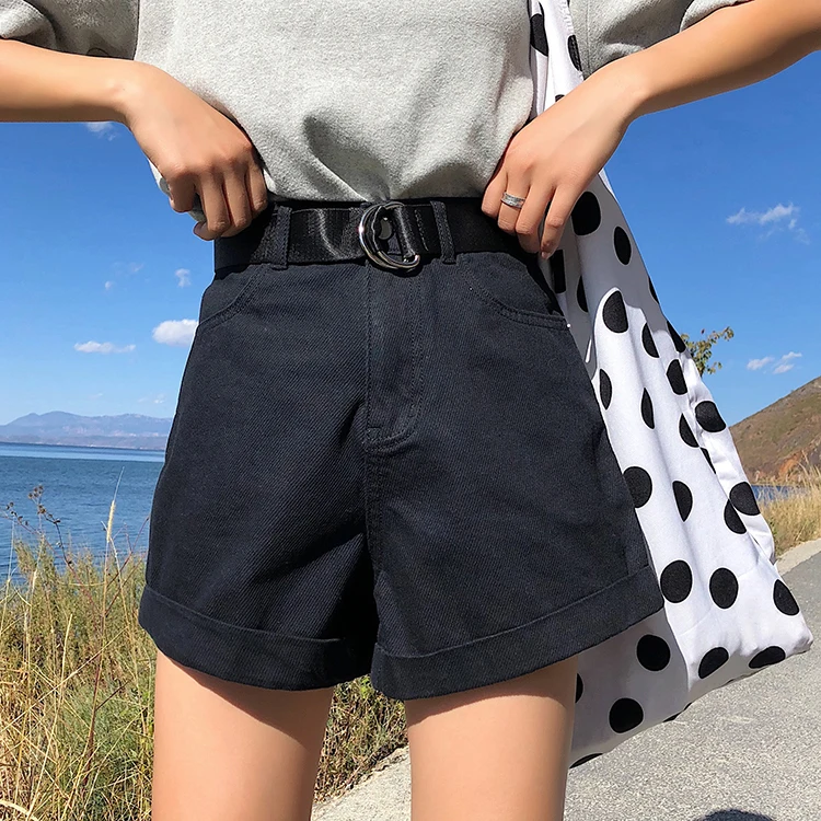 Шорты женские высокого качества летние уличные джинсовые свободные модные простые корейские стильные Универсальные женские s повседневные шикарные Kawaii с поясом - Цвет: black