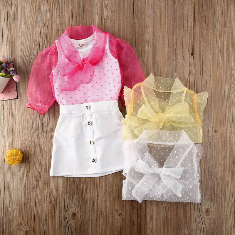 

AA 2020 Baby Girl Summer Clothes Puff Long Sleeve Mesh Blouse+Vest Tops+Skirts Outfit Polka Dot Print Girls Clothing