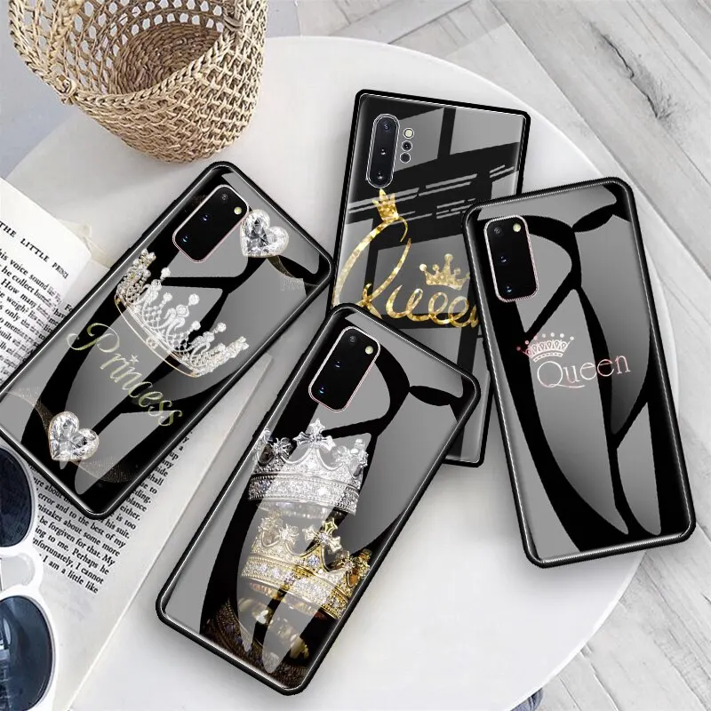 Glass Case For Samsung Galaxy S20 FE S10 S9 S8 Plus Note 20 Ultra 10 Lite 9 8 Tempered Phone Cover Capas Diamond Crown Printing