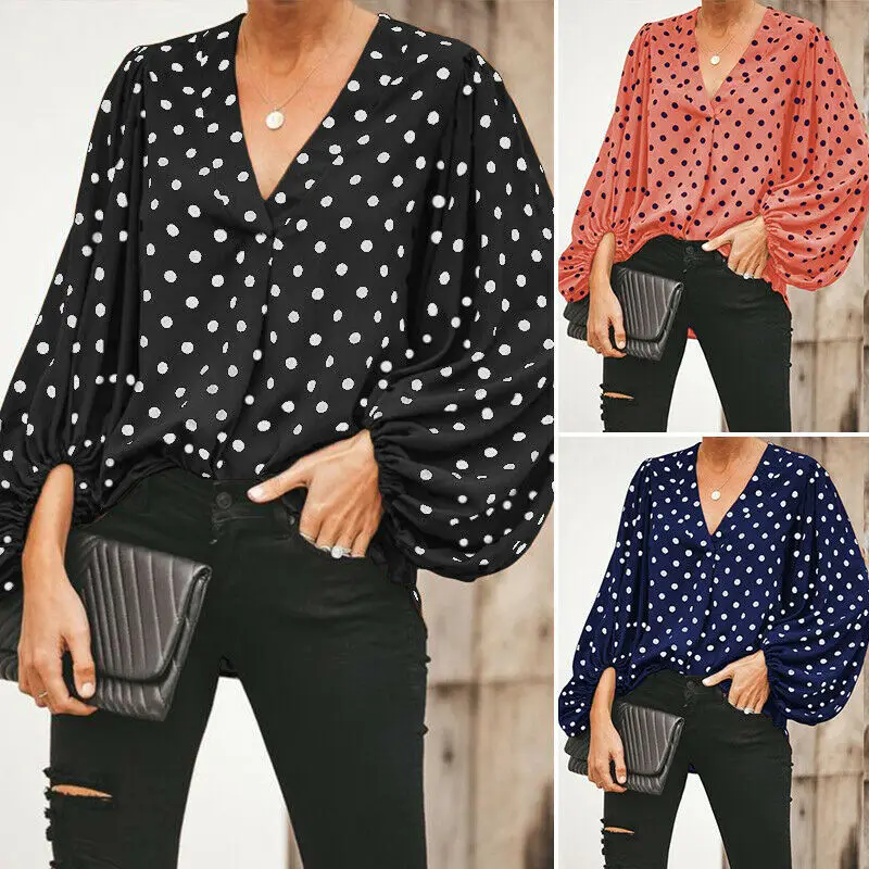 

Ladies Loose Blouse Wave V-neck Lantern Sleeve Female Shirt 3 Color 5 Size Full Sleeve Polka Dot Print Fashion New Women Shirts