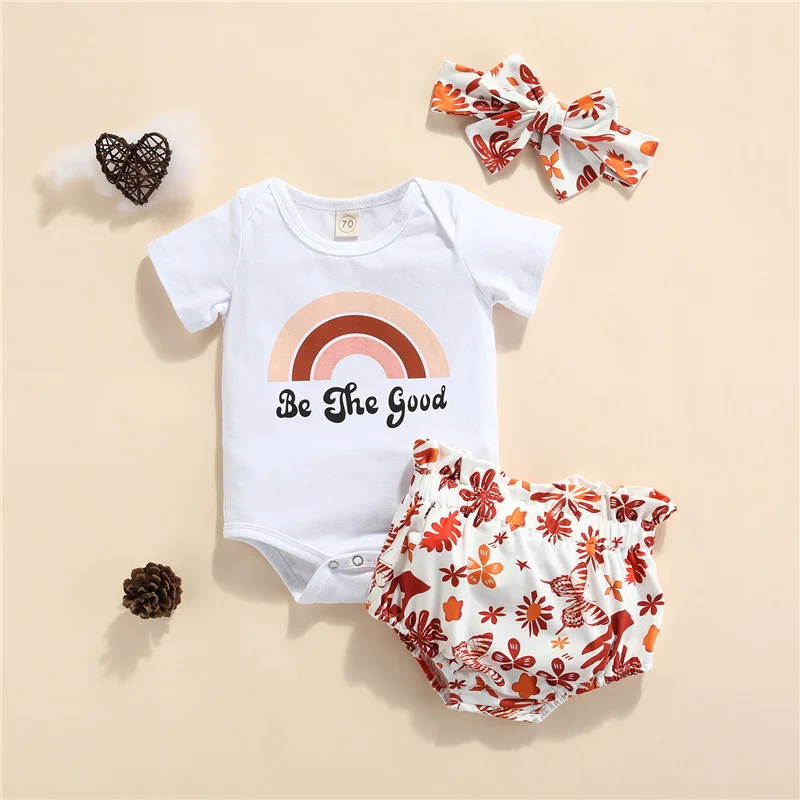 

3Pcs 0-18Month Newborn Baby Girls Clothes Sets,Casual Sweet Cute Letter Short Sleeve Romper and Flower Short Pants with Headband