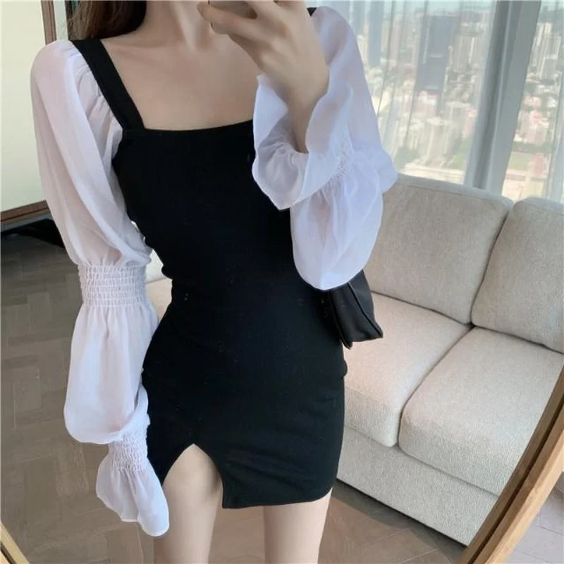 

Sexy Ladies Vestidos Korean Style Long Sleeve Dresses All-match Simple Daily Vocation Vintage Women Patchwork Puff Sleeve dress