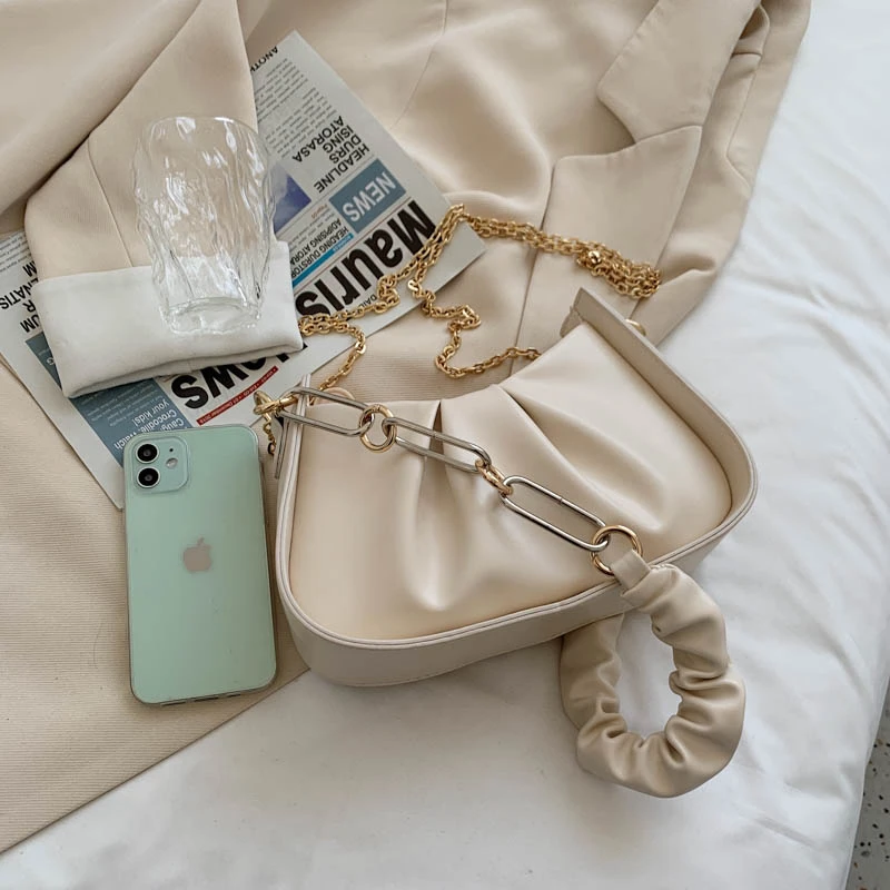 

2021 Leather Armpit Women's Shoulder Bag Brand Handbag Designer Thick Chain Crossbody Bag Casual Fold Dumpling Bag Female Purses