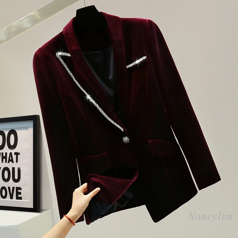 

Women Velvet Blazer Exquisite Rhinestone Waist-Tight 2021 Autumn and Winter Korean Style Slim-Fit Split Long Sleeve Suit Coat