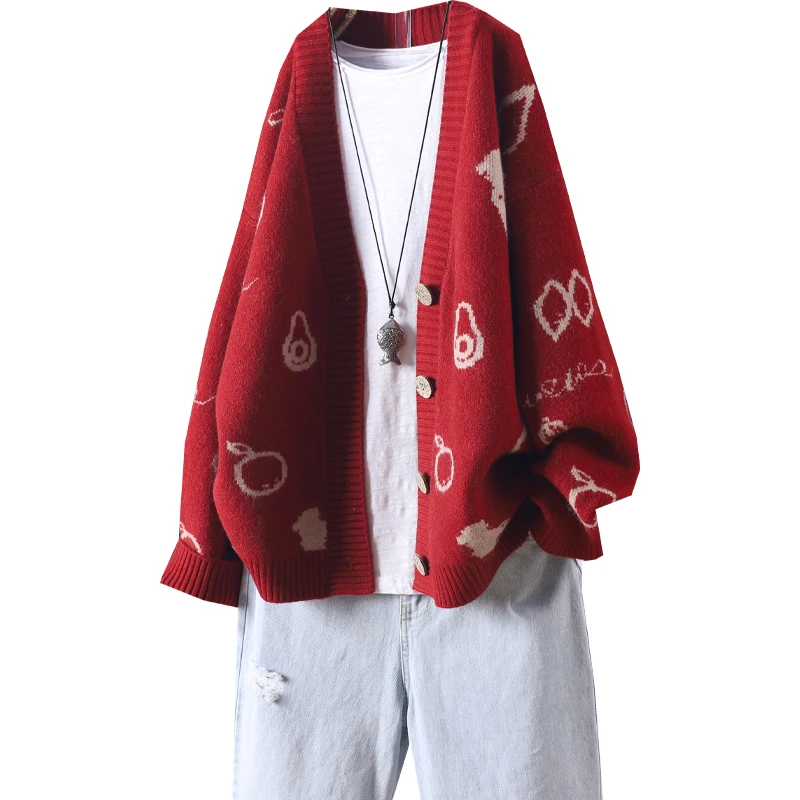 

Vintage Knitted Women Sweater Cardigan Lanern Sleeved Loose Casual All Match Female Outwear Coats Tops