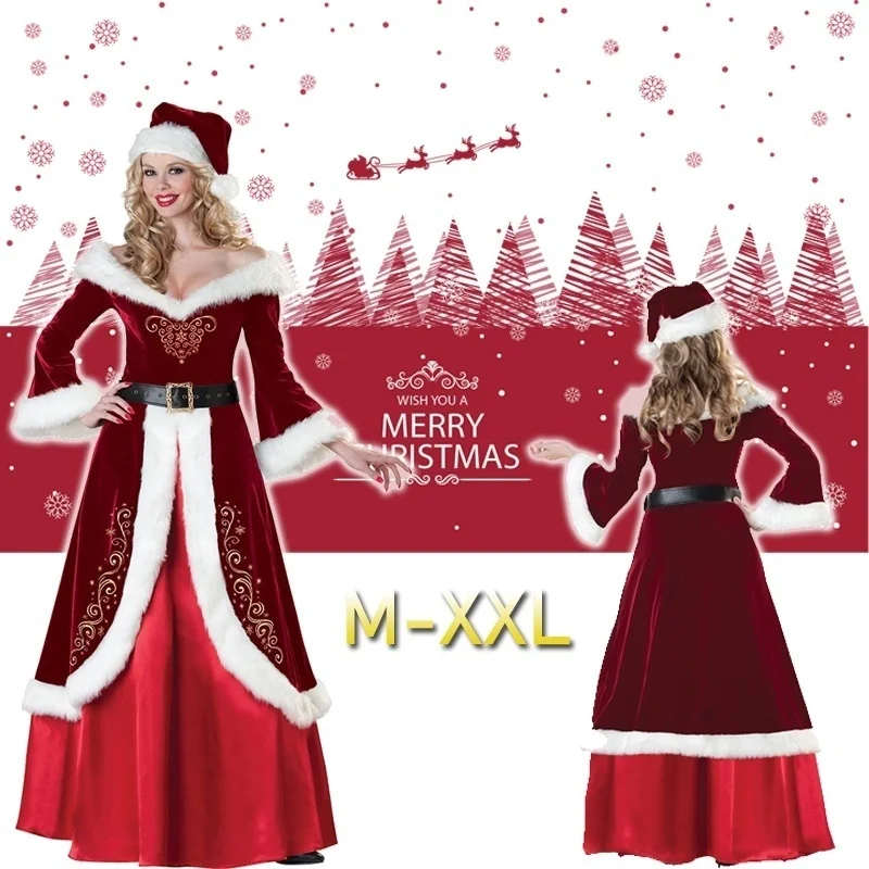 

Christmas Cosplay Party Long Sleeve Robe Santa Claus Costumes for Adult Women Xmas Princess Dress
