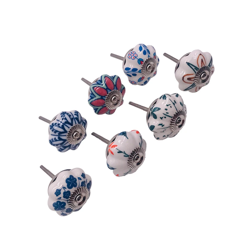 1x цветочные керамические ручки с листьями многоцветные для дверей шкафов и