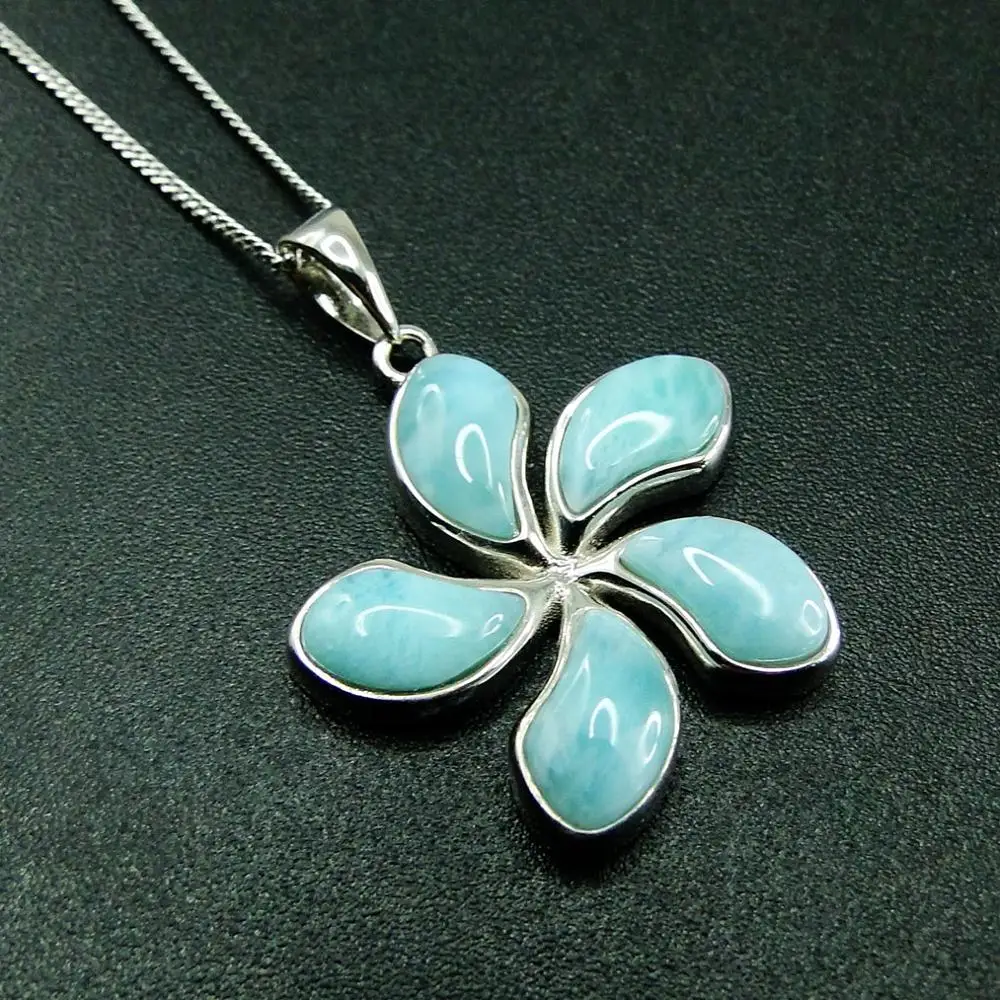 925 Sterling Silver Hawaiian Jewelry Natural Larimar 25mm Plumeria Flower Pendant Necklace For Gift |
