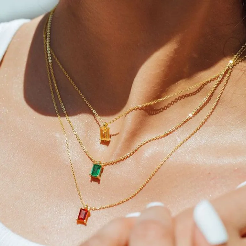 

High End Stainless Steel Jewelry Colorful Rectangle Zirconia Pendant Necklace For Women