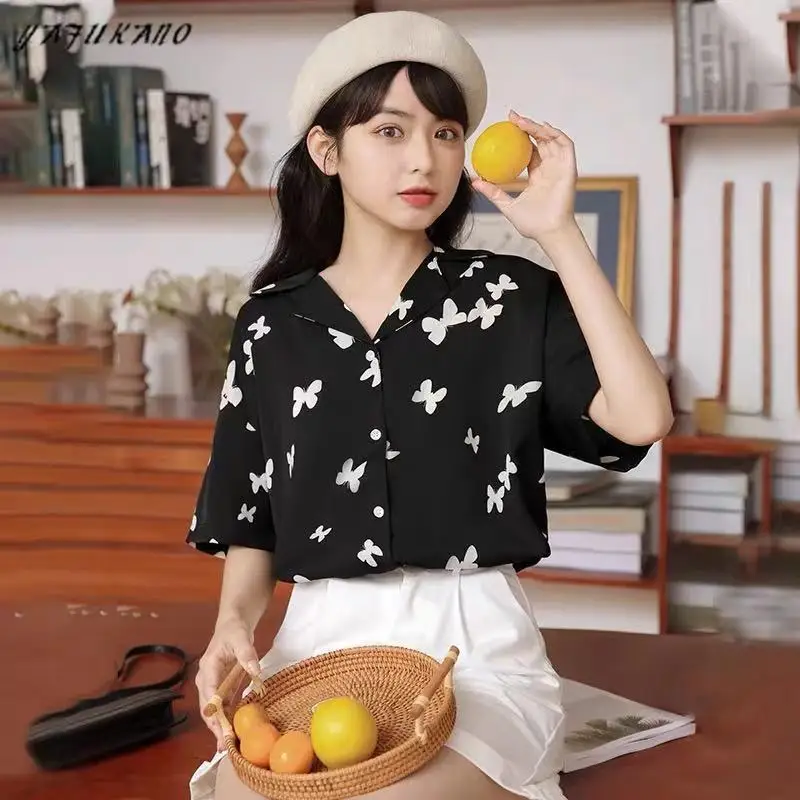 

Butterfly Print Button Up Shirt New 2021 Summer Korean Style Shirts Women Short Sleeve Casual Women Clothing
