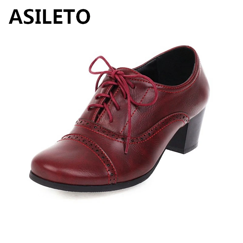 

ASILETO 2021 Retro Ladies Oxfords Pumps Polka Dot Lace Up Vintnge Round Toe 5CM Chunky Heel Shoes US12 Black Red Brown A4390