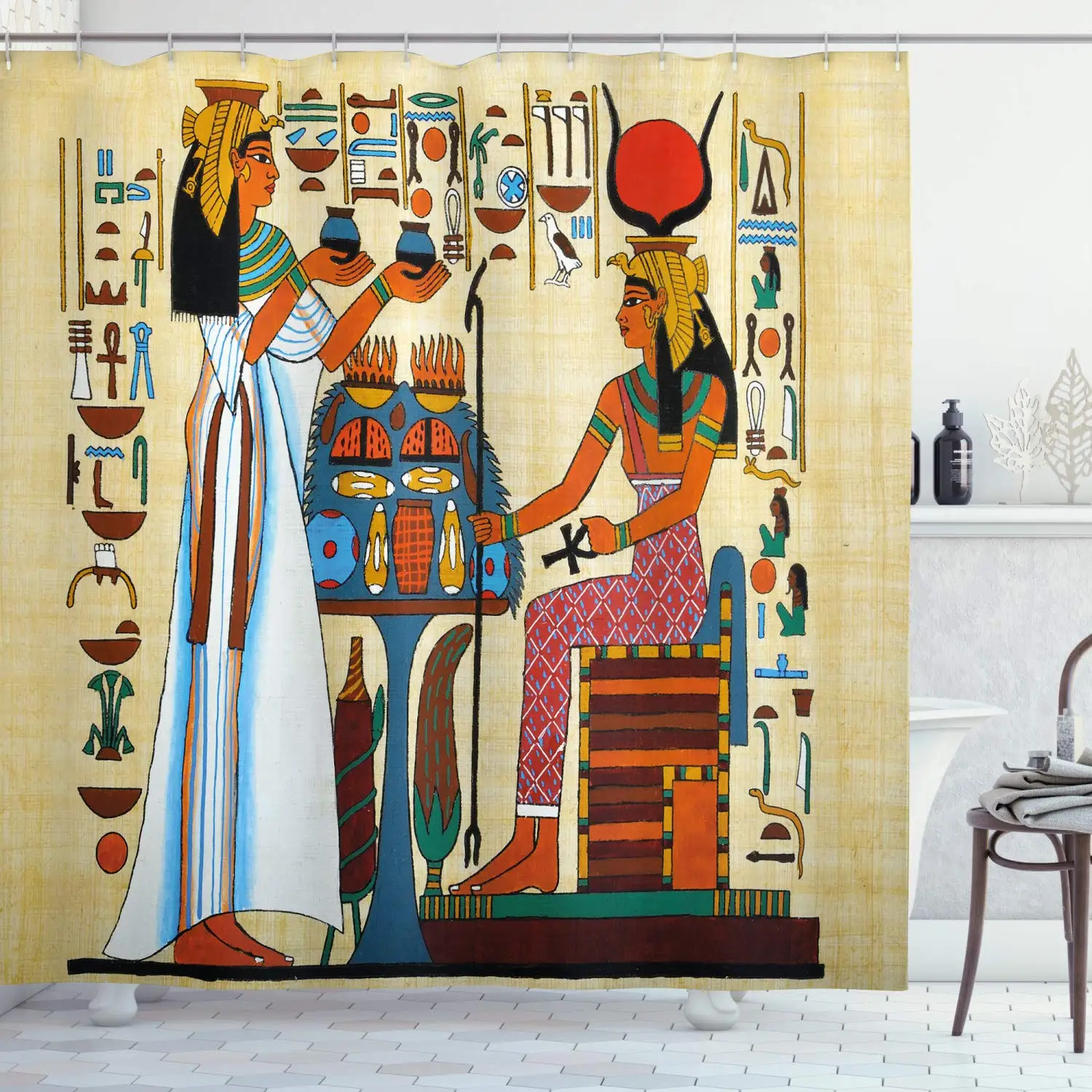 Ретро занавеска для душа с элементами старой египетской истории иллюстрации