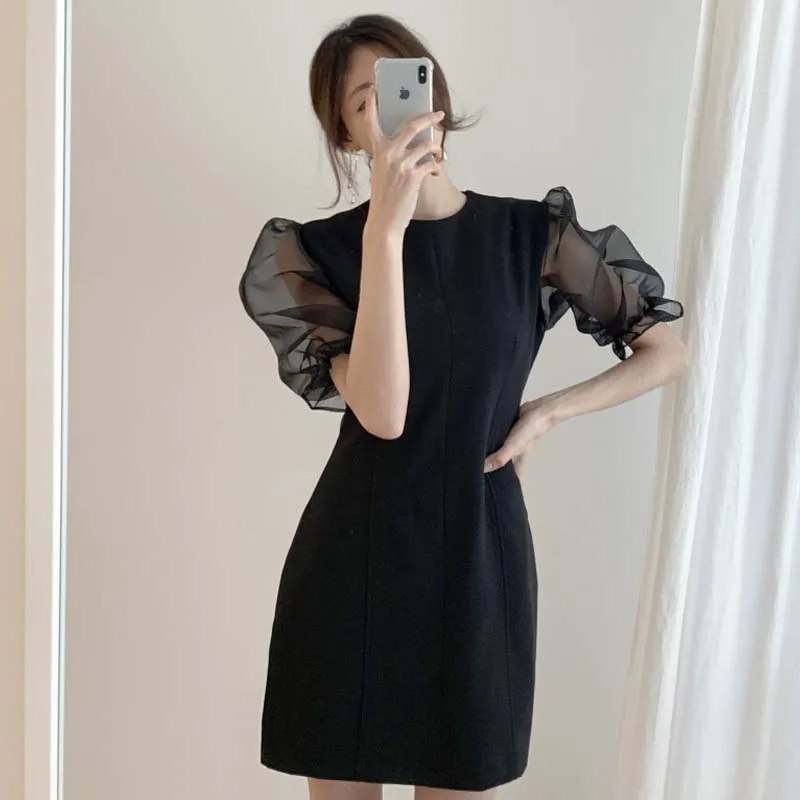 

Summer Office Lady Retro Chic Korean Slim O Neck Flare Short Sleeve Dresses Black Women Fashion Organza Patchwork Chiffon Dress