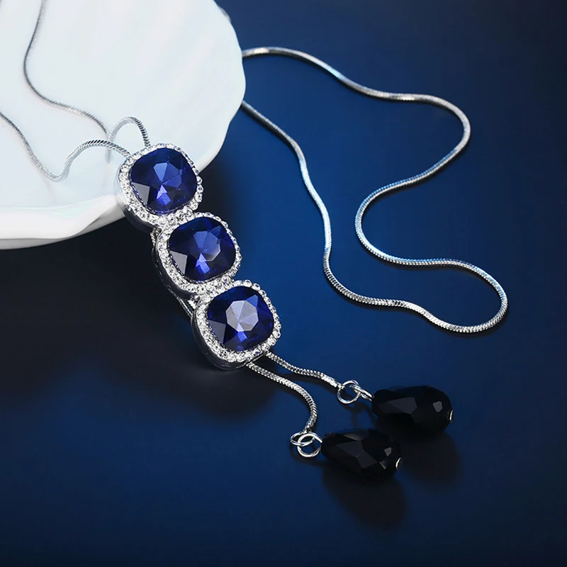 F&ampU colar Crystal Three Circles Blue Pendant Long Necklace Female Winter Sweater Chain All-match Accessories Fashion For Women |