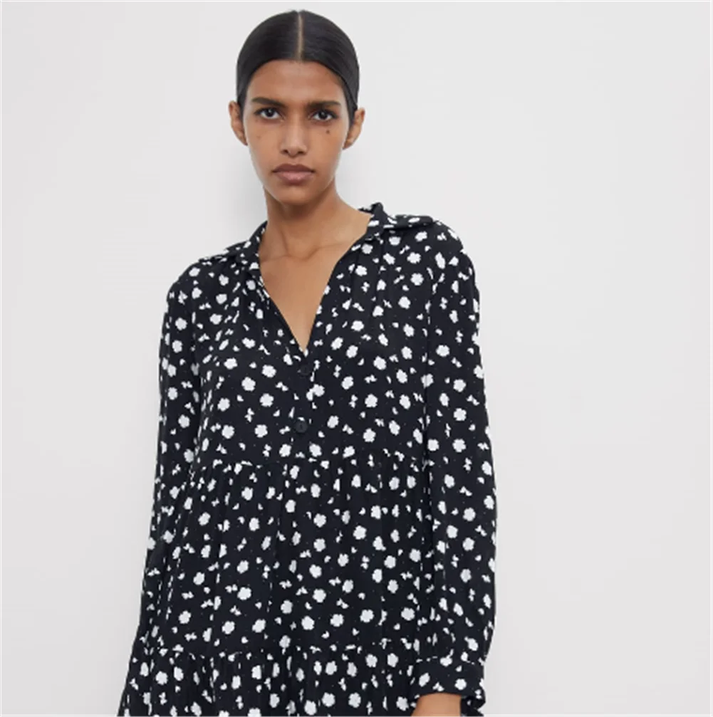 Женское мини платье с принтом ZA богемное отложным воротником и длинным рукавом