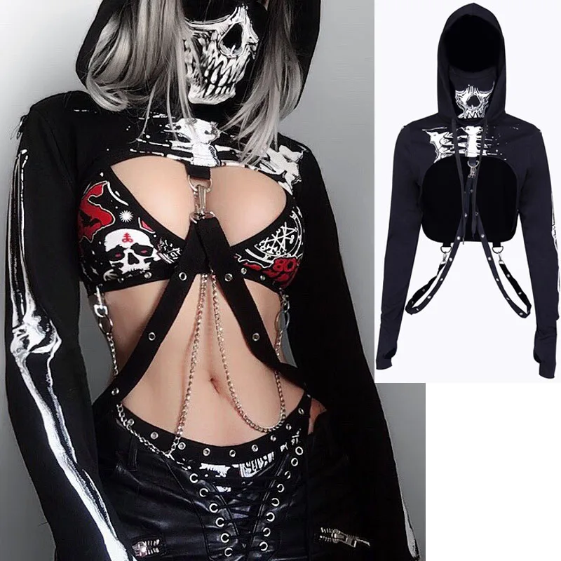 Готический стиль Женские панк Толстовки с капюшоном принтом в виде черного