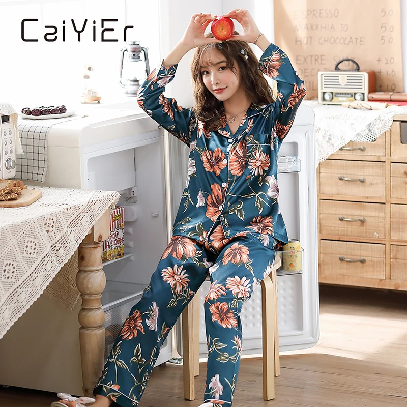 CAIYIER Satin Silk Pajamas for Women's Set Winter Long Sleeve Home Wear Ladies Sexy Tops+Pants  Sleepwear Autumn Home Clothes