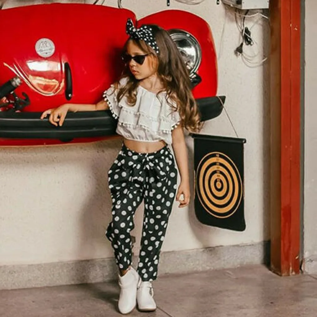 Лидер продаж модный детский комплект для девочек топ с помпоном штаны в горошек