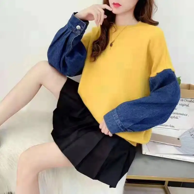 

Ladies loose knit sweater 2020 new denim stitching pullover sweater