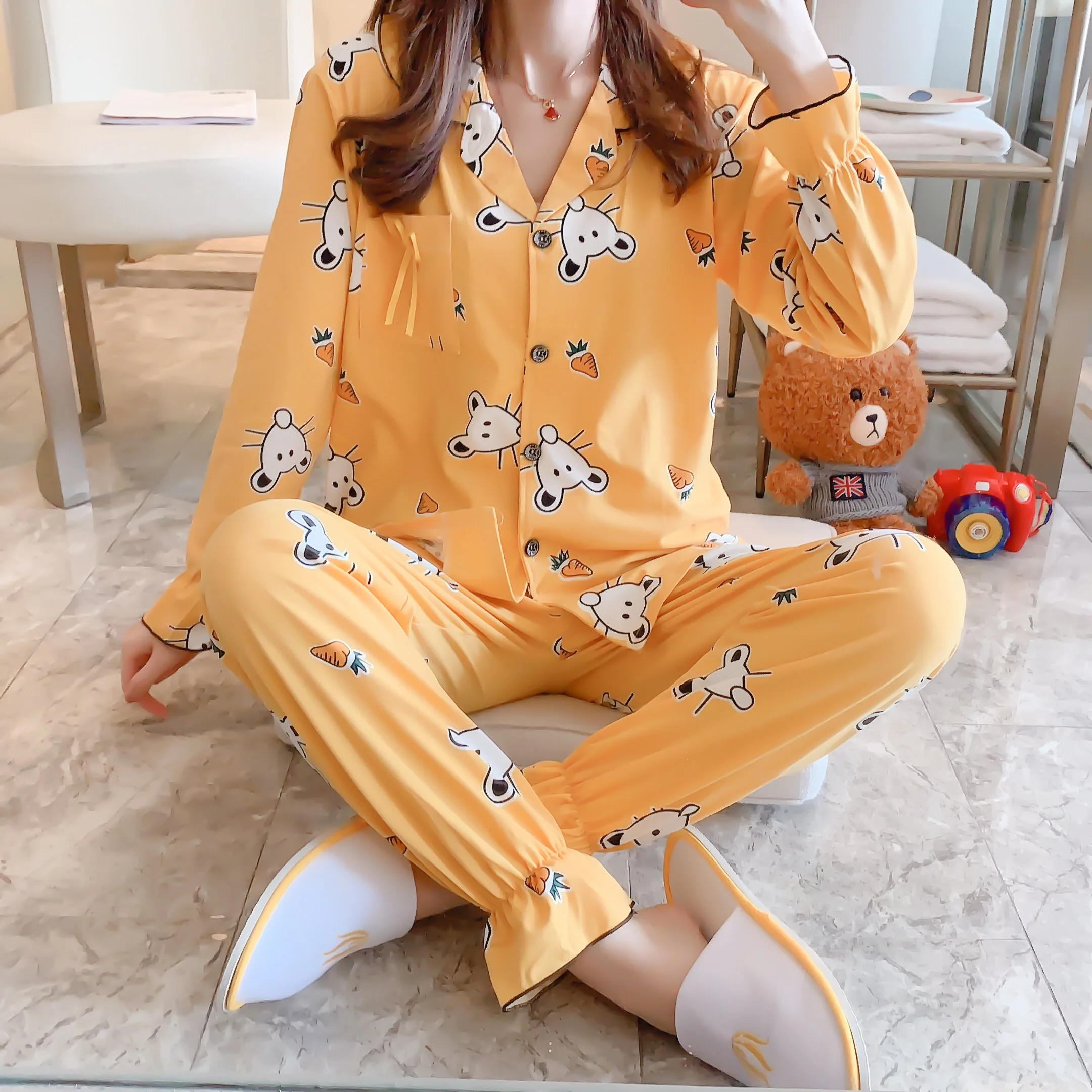Пижамы для женщин с длинным рукавом в клетку в Корейском стиле розовый Kawaii пижамный комплект размера плюс женская домашняя одежда мягкая с отложным воротником - Цвет: 15