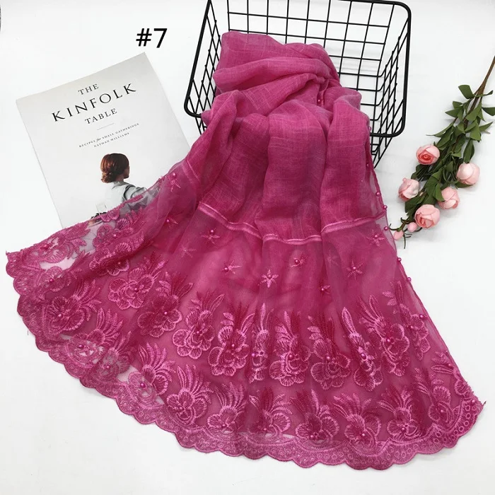 S06 hot-pink Хлопковые двухсторонние кружевные кромки цветок ретро модные шарфы шаль мусульманский хиджаб Бисер для женщин Простой макси глушитель - Цвет: S06 hot-pink
