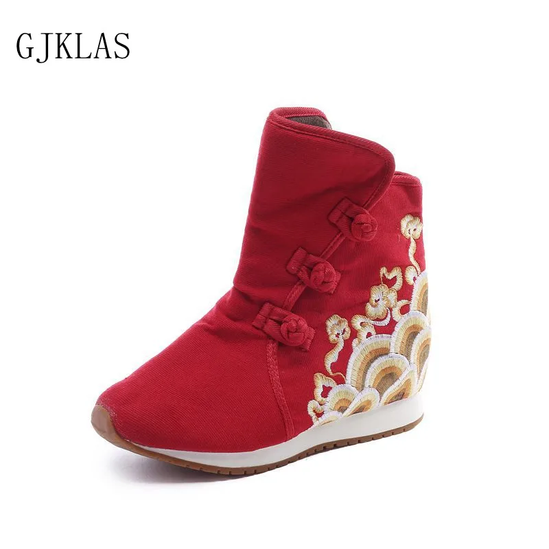 

Ethnic Style Embroider Wedges Shoes for Women Ankle Boots Casuales Canvas Ladies Fashion Boot Oxford Wedge Boots Women Heel