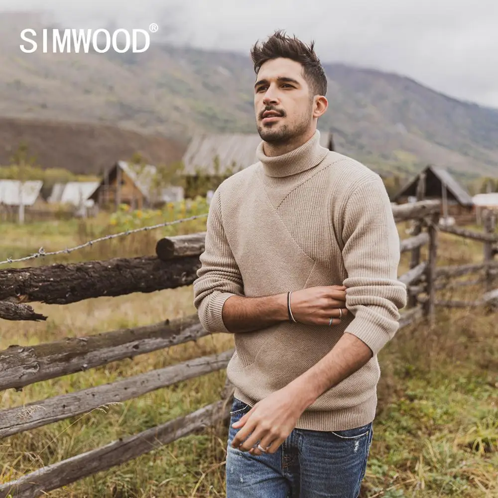 SIMWOOD 2019 осенне зимний свитер с высоким воротником в стиле пэчворк Мужской