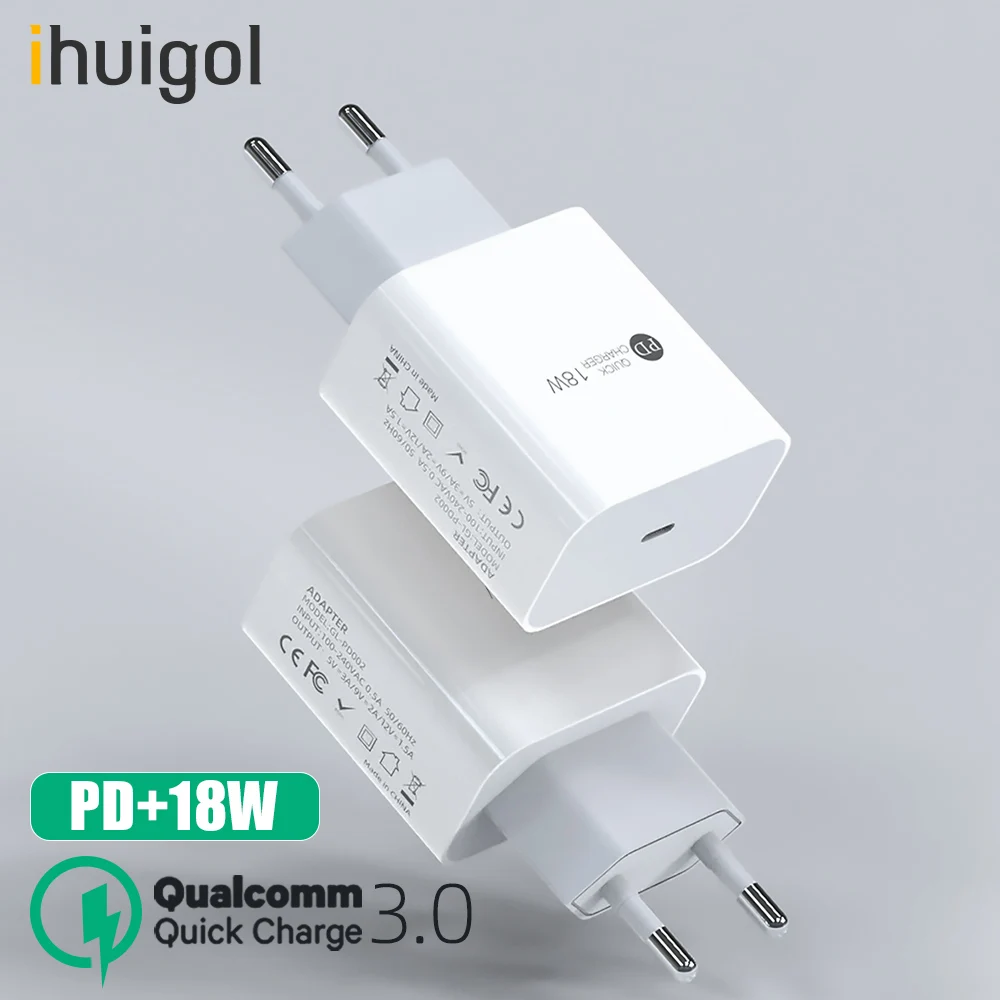

ihuigol PD Type-C Quick Charge Phone Charger For iPhone 11 XS Pro Max X 8 Macbook iPad 18W EU Plug Fast Charging Charger Adapter