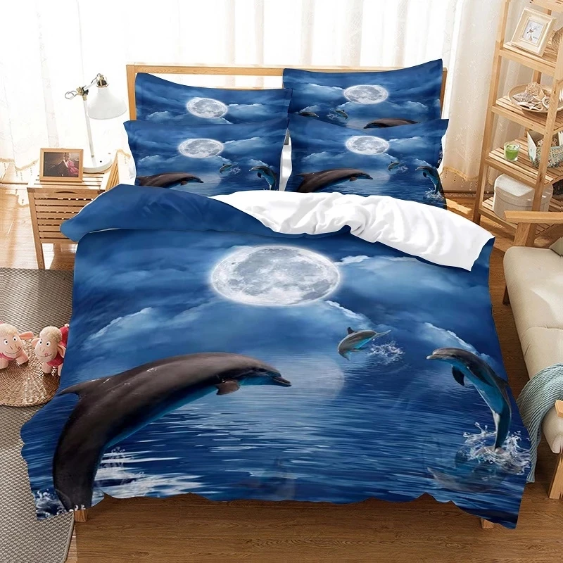

Sea Animal Dolphin Moon Cute Duvet Cover Set King Queen Single 3D Luxury Bedding Sets Bed Quilt Comforter Covers Home Textile