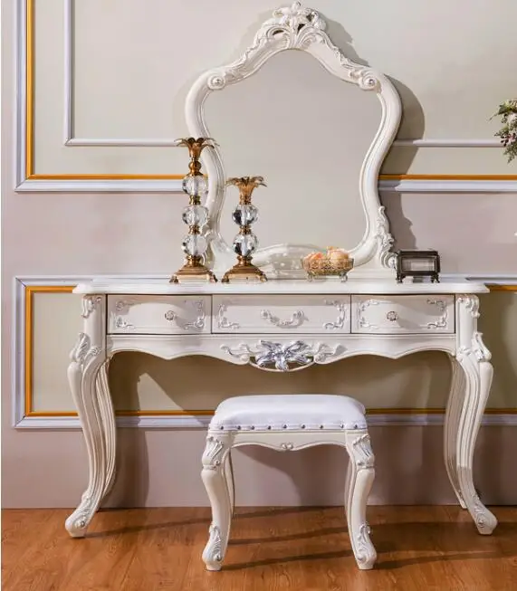 Европейский стиль туалетный столик белого цвета и цвета слоновой кости на заказ сплошная деревянная прикроватная туалетный столик