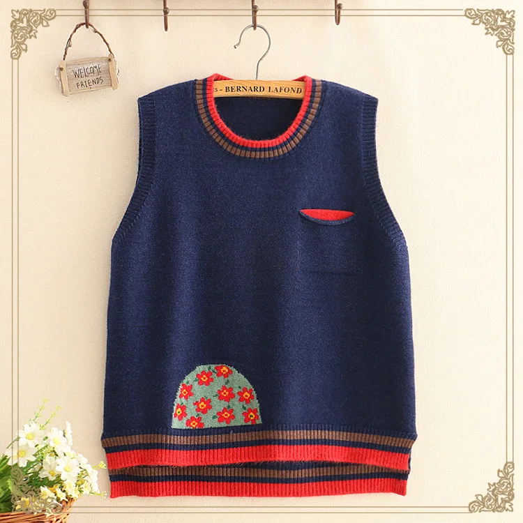 Autumn sweater Sen female loose short Slim wild vest round neck color matching bottoming top |