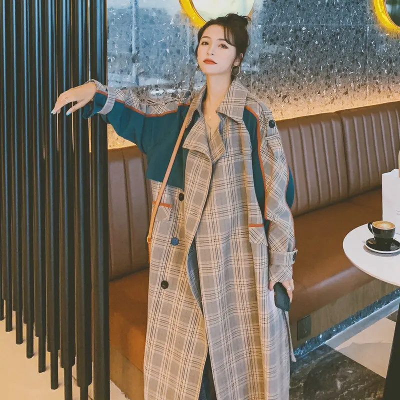 

Patchwork Plaid Trench Coat Women 2021 Spring Autumn New Temperament Female Long Overcoat With belt Plus size Lady Windbreaker