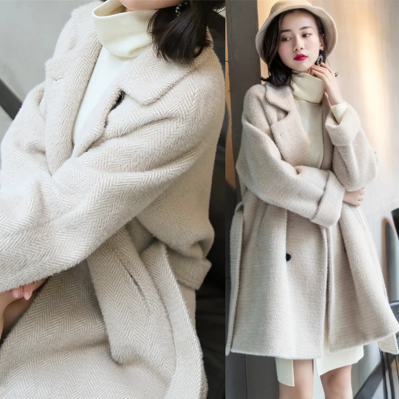 

Женское шерстяное пальто средней длины, черное твидовое пальто в стиле Хепберн, Осень-зима 2020