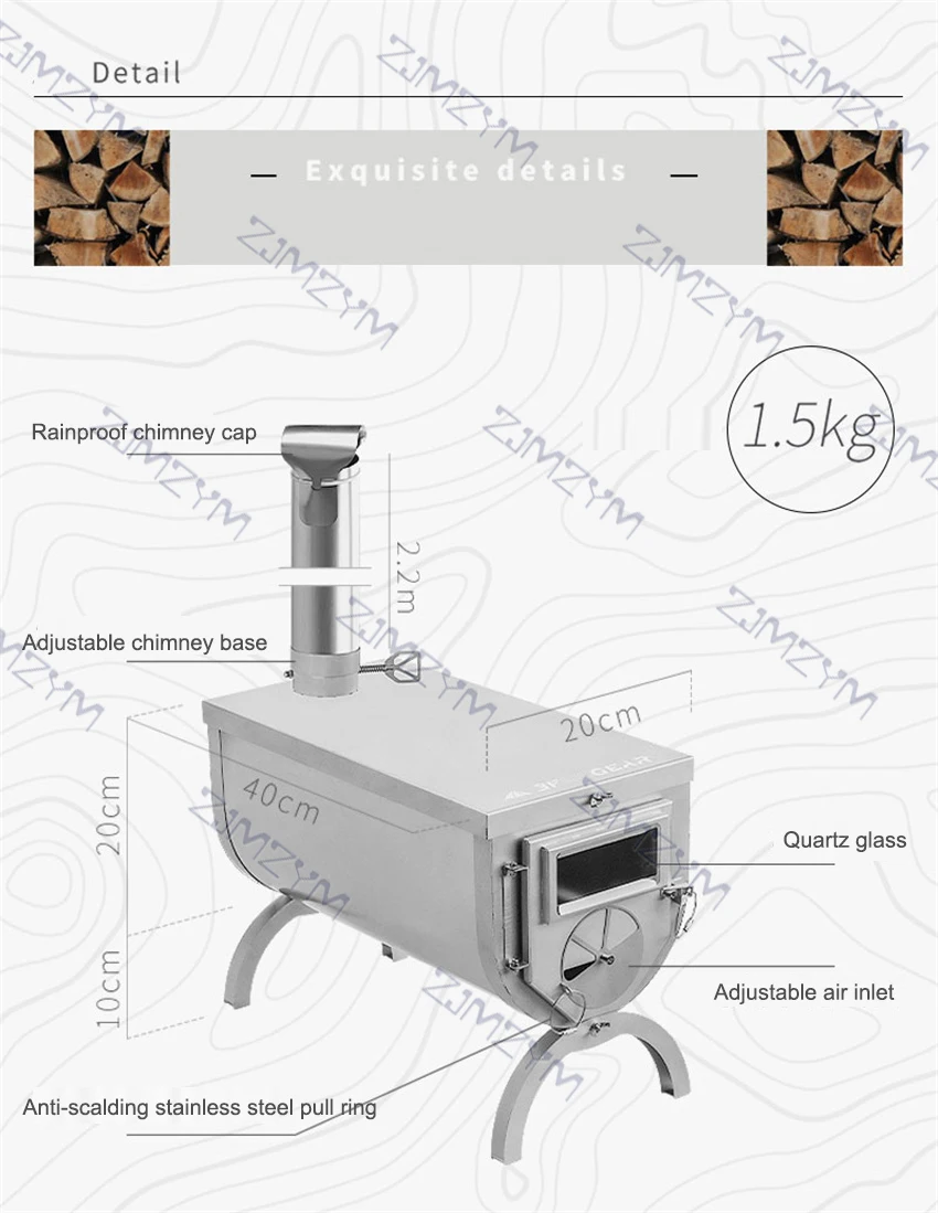 Outdoor Ultralight 304 Stainless Wood Stove Multipurpose Camping Tent Heating Survival Chimney Height 2.2m/3m | Спорт и развлечения