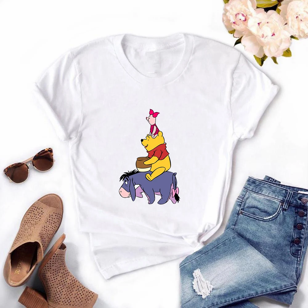 

2021 Disney Winnie The Pooh Bear T-Shirt Femme Piglet Eeyore Summer Cartoons Print Casual Clothes Women O-Neck Short Sleeve Tops