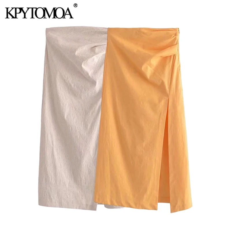 

KPYTOMOA Женская 2021 шикарная модная с драпированным разрезом льняная юбка миди Винтажная с высокой талией и боковой молнией женские юбки