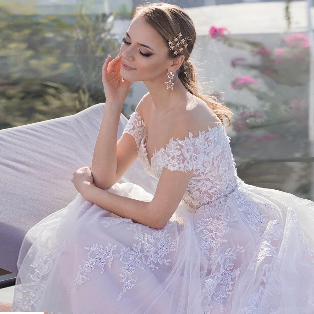 

Gorgeous Tulle Backless Sweep Train Bridal Gowns Sweetheart Off-the-shoulder Wedding Dresses for Bride White Ivory with Applique