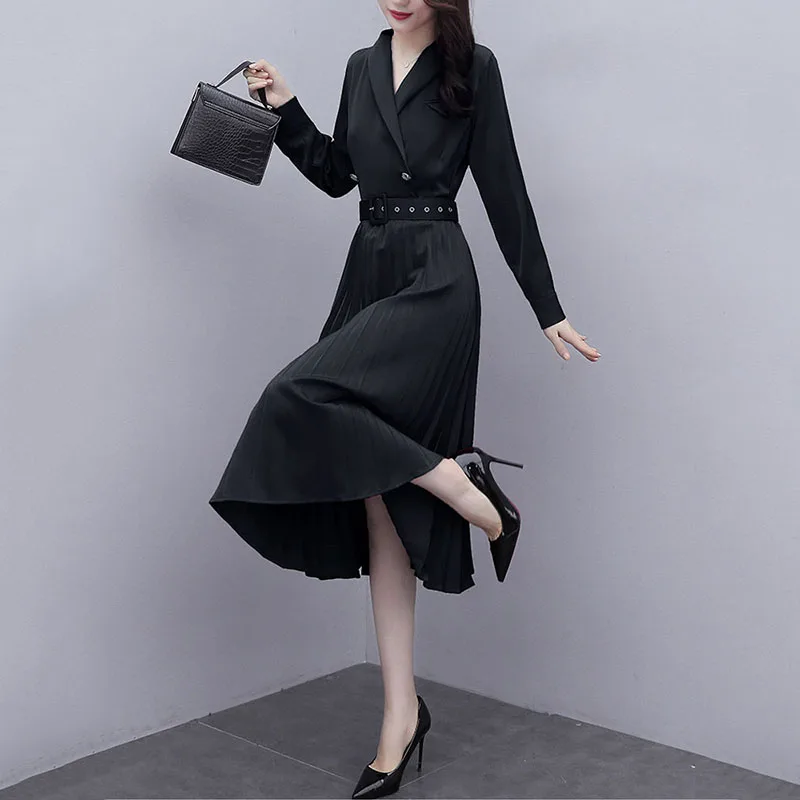

Temperament Goddess Fan Long Sleeve Dress Women's Autumn 2020 High Waist Mid-length Double-breasted Pleated Elegant Dress E345
